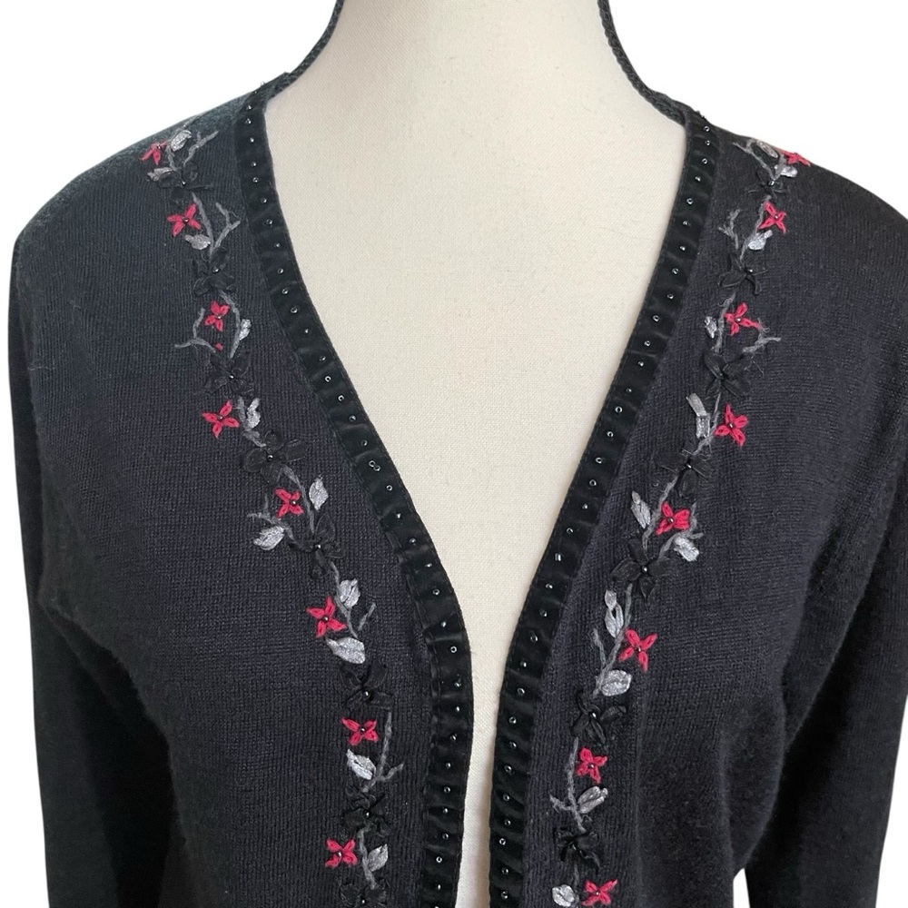Woman's Sz. M Erika Black and Red Open Cardigan with Beads &‎ Floral Embroidery